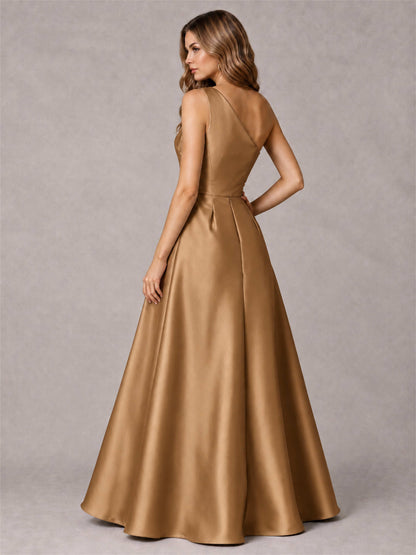 One Shoulder Satin Formal Dress A-Line Prom Gown with Ruffle and Pockets