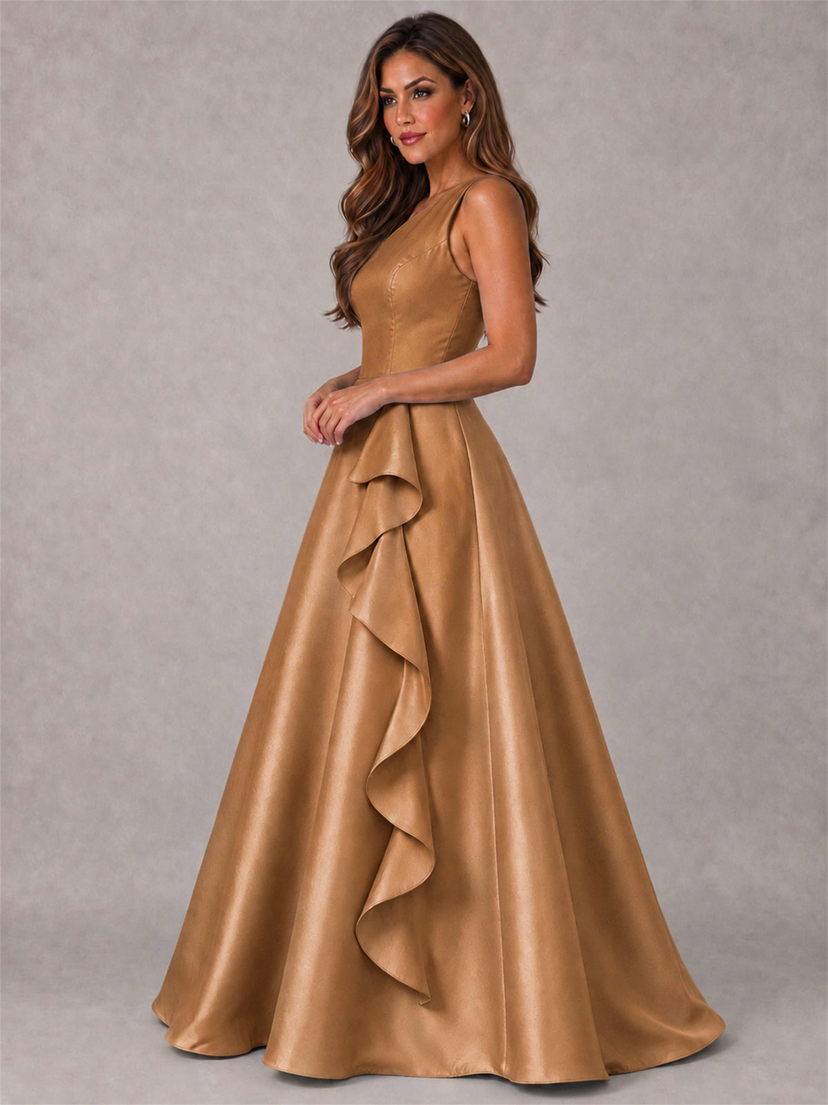 One Shoulder Satin Formal Dress A-Line Prom Gown with Ruffle and Pockets