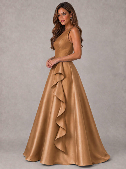 One Shoulder Satin Formal Dress A-Line Prom Gown with Ruffle and Pockets