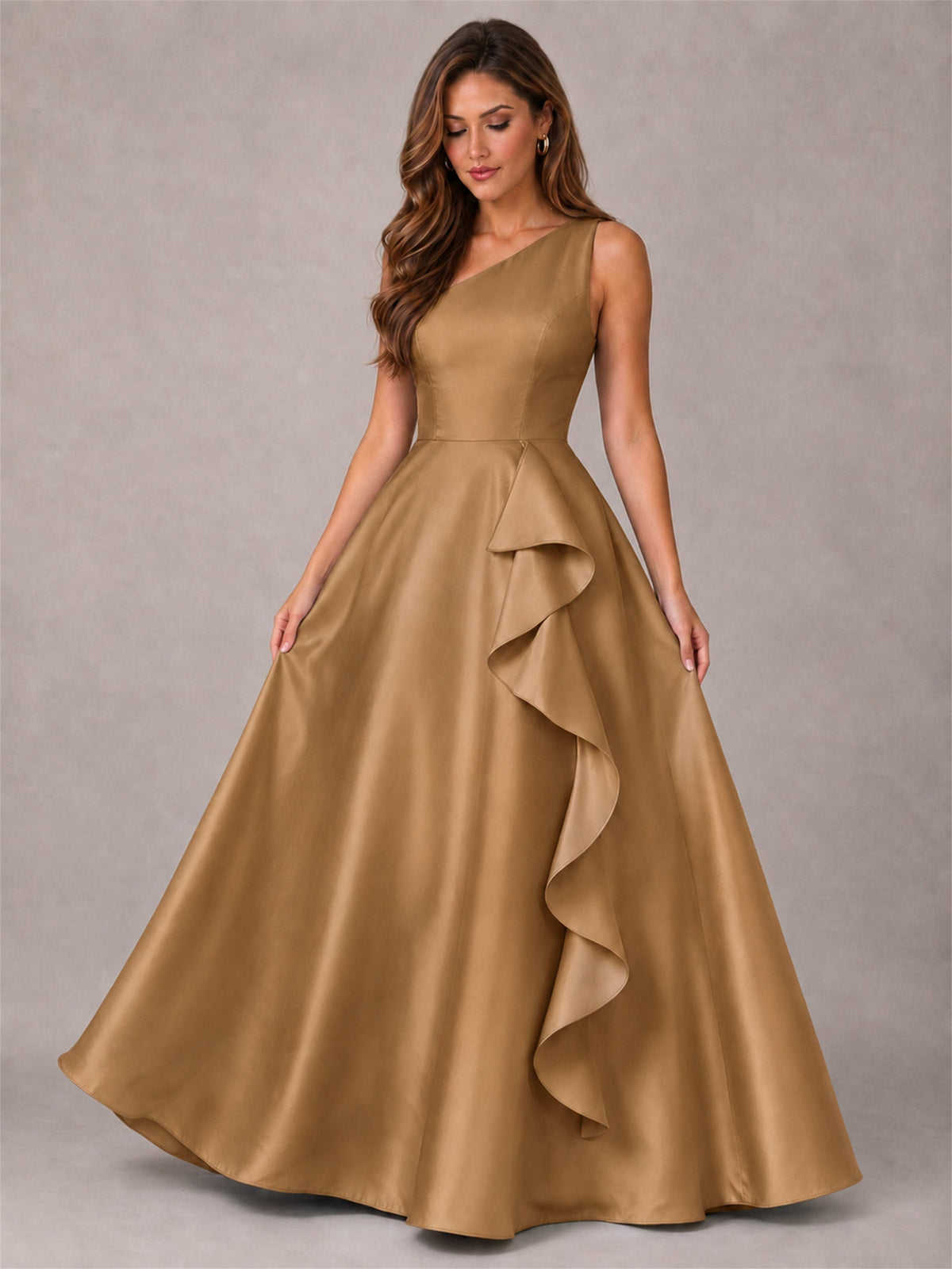One Shoulder Satin Formal Dress A-Line Prom Gown with Ruffle and Pockets