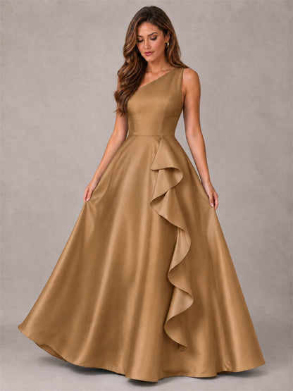 One Shoulder Satin Formal Dress A-Line Prom Gown with Ruffle and Pockets