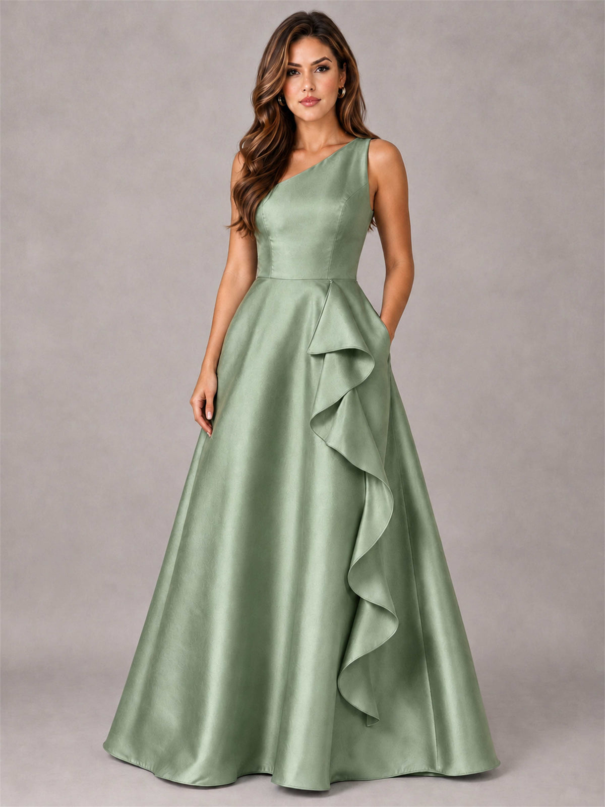 One Shoulder Satin Formal Dress A-Line Prom Gown with Ruffle and Pockets