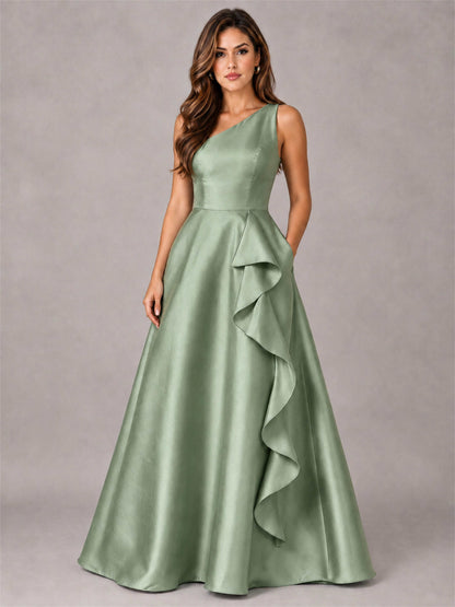 One Shoulder Satin Formal Dress A-Line Prom Gown with Ruffle and Pockets