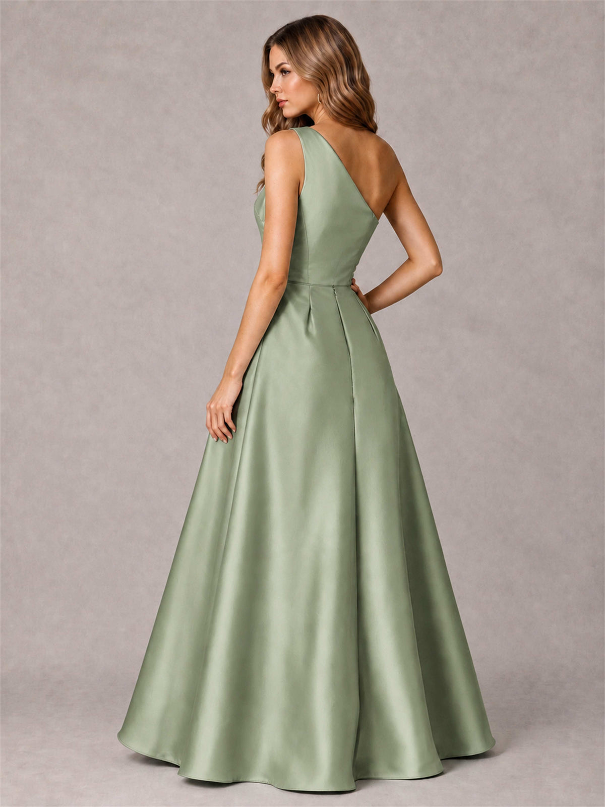 One Shoulder Satin Formal Dress A-Line Prom Gown with Ruffle and Pockets