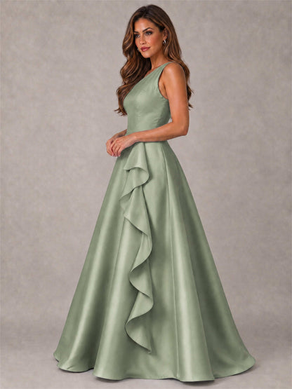 One Shoulder Satin Formal Dress A-Line Prom Gown with Ruffle and Pockets