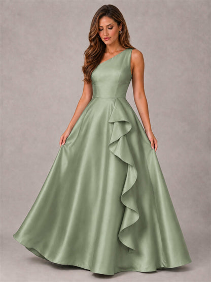 One Shoulder Satin Formal Dress A-Line Prom Gown with Ruffle and Pockets