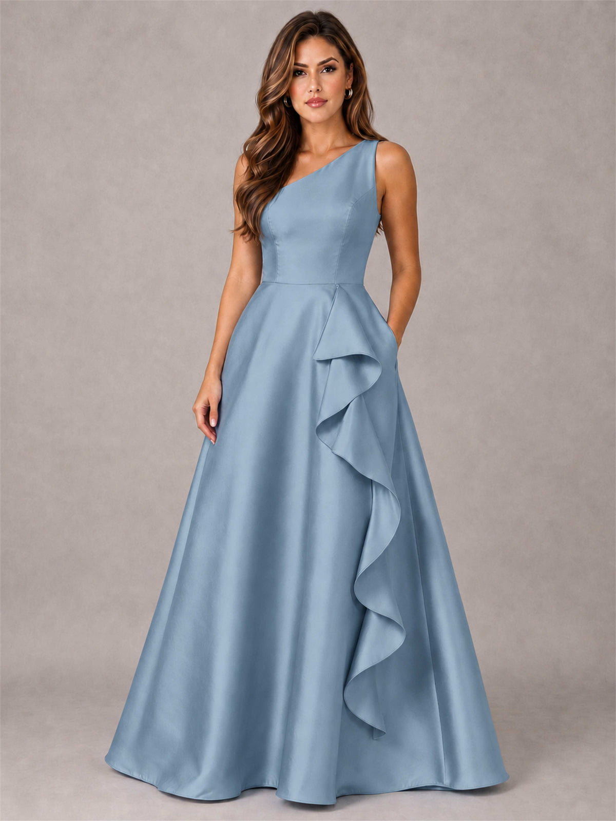 One Shoulder Satin Formal Dress A-Line Prom Gown with Ruffle and Pockets