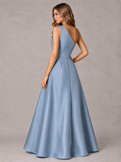 One Shoulder Satin Formal Dress A-Line Prom Gown with Ruffle and Pockets