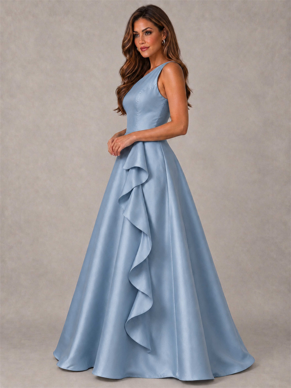 One Shoulder Satin Formal Dress A-Line Prom Gown with Ruffle and Pockets