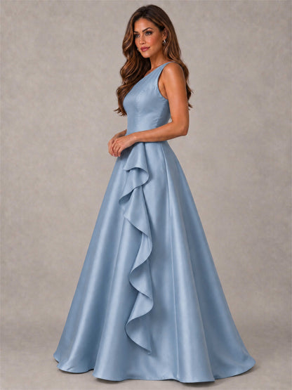 One Shoulder Satin Formal Dress A-Line Prom Gown with Ruffle and Pockets