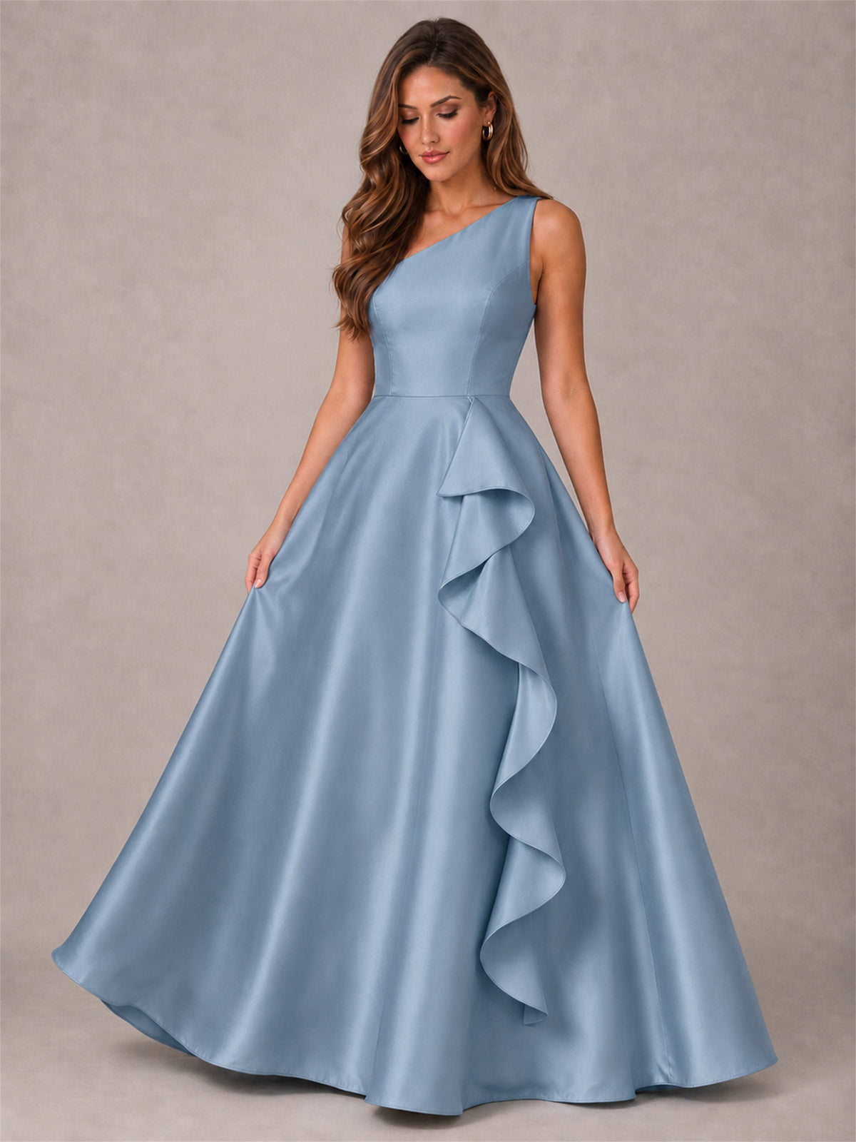 One Shoulder Satin Formal Dress A-Line Prom Gown with Ruffle and Pockets