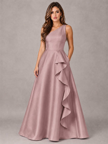 One Shoulder Satin Formal Dress A-Line Prom Gown with Ruffle and Pockets