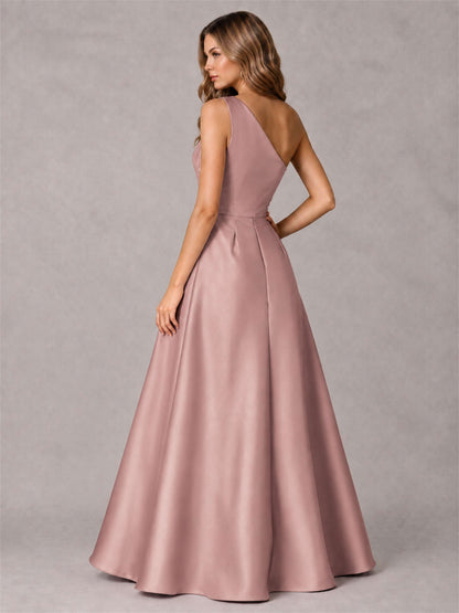 One Shoulder Satin Formal Dress A-Line Prom Gown with Ruffle and Pockets