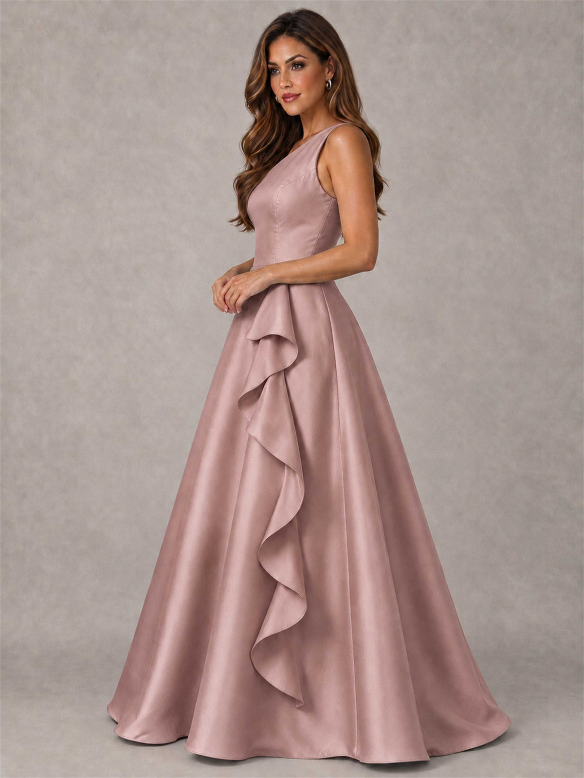 One Shoulder Satin Formal Dress A-Line Prom Gown with Ruffle and Pockets