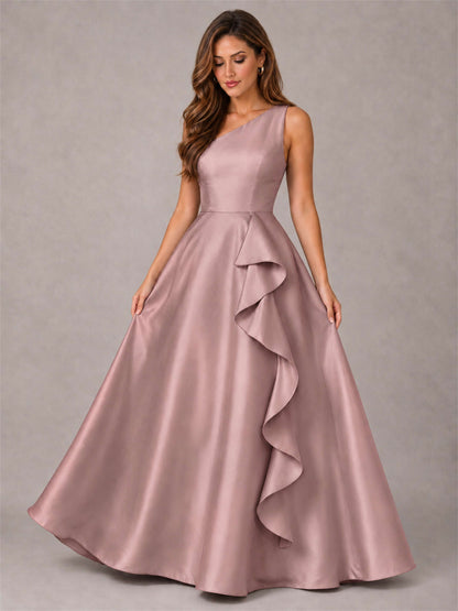 One Shoulder Satin Formal Dress A-Line Prom Gown with Ruffle and Pockets