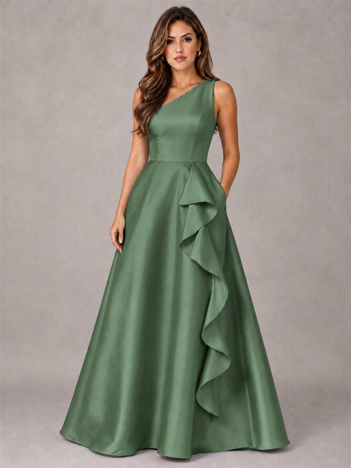 One Shoulder Satin Formal Dress A-Line Prom Gown with Ruffle and Pockets