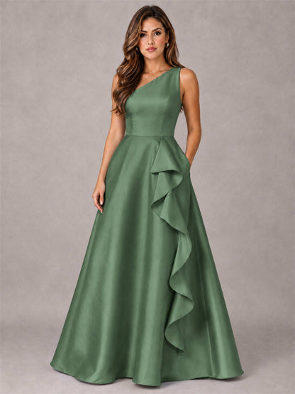 One Shoulder Satin Formal Dress A-Line Prom Gown with Ruffle and Pockets
