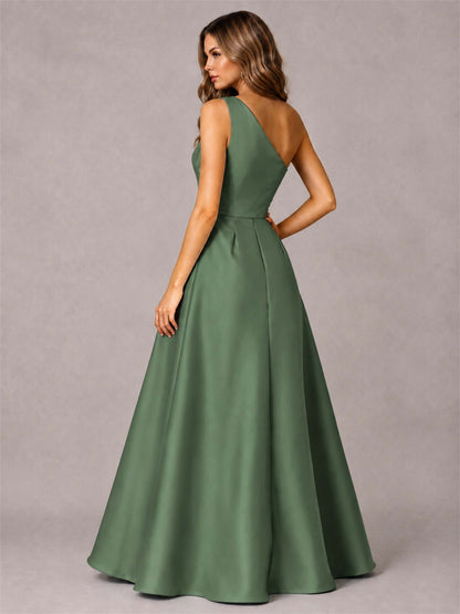 One Shoulder Satin Formal Dress A-Line Prom Gown with Ruffle and Pockets