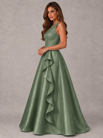 One Shoulder Satin Formal Dress A-Line Prom Gown with Ruffle and Pockets
