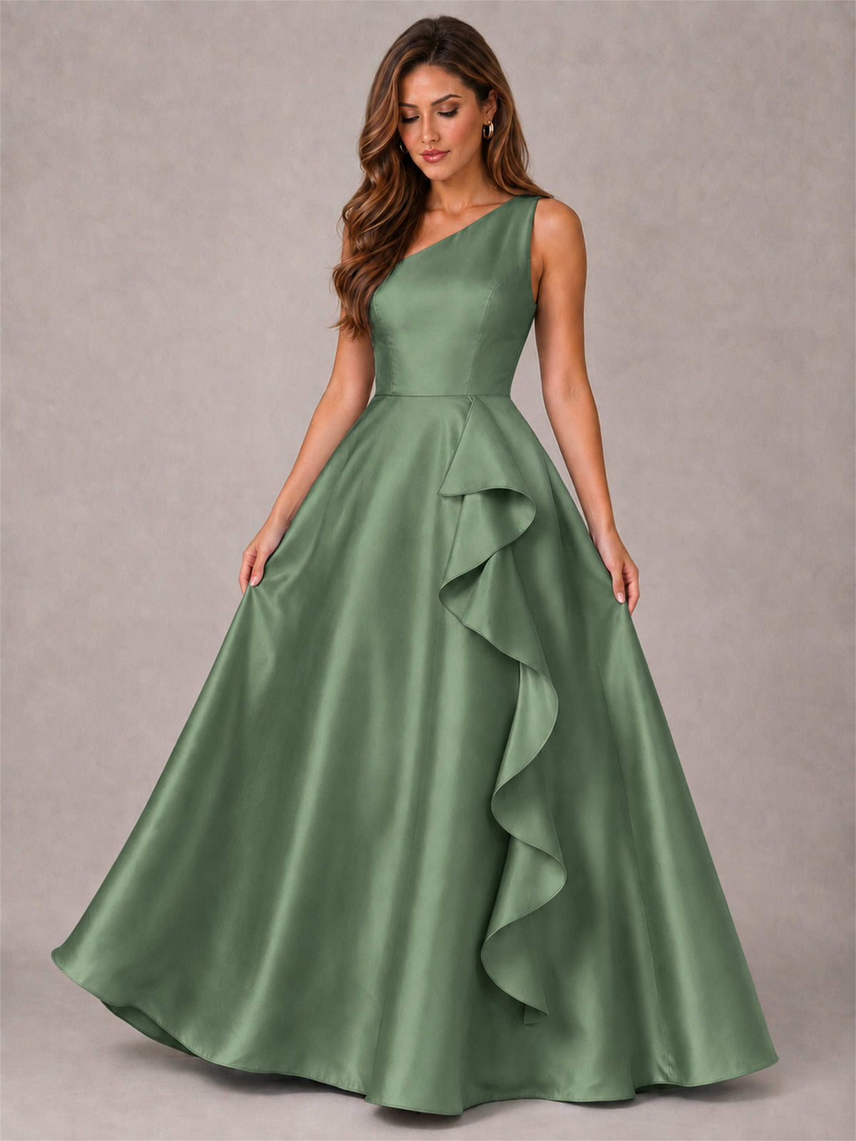 One Shoulder Satin Formal Dress A-Line Prom Gown with Ruffle and Pockets