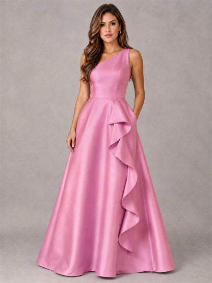 One Shoulder Satin Formal Dress A-Line Prom Gown with Ruffle and Pockets