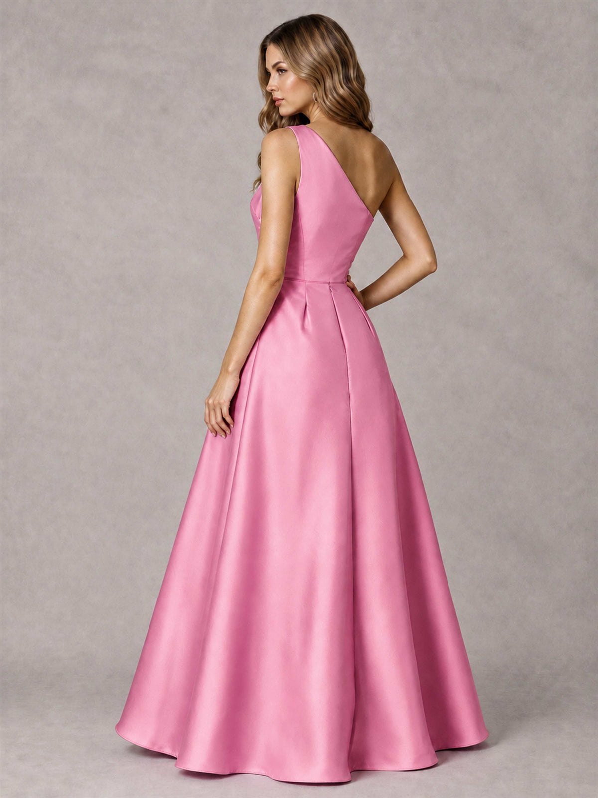 One Shoulder Satin Formal Dress A-Line Prom Gown with Ruffle and Pockets
