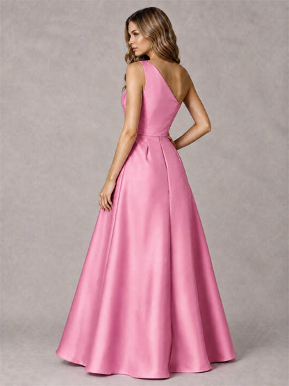One Shoulder Satin Formal Dress A-Line Prom Gown with Ruffle and Pockets