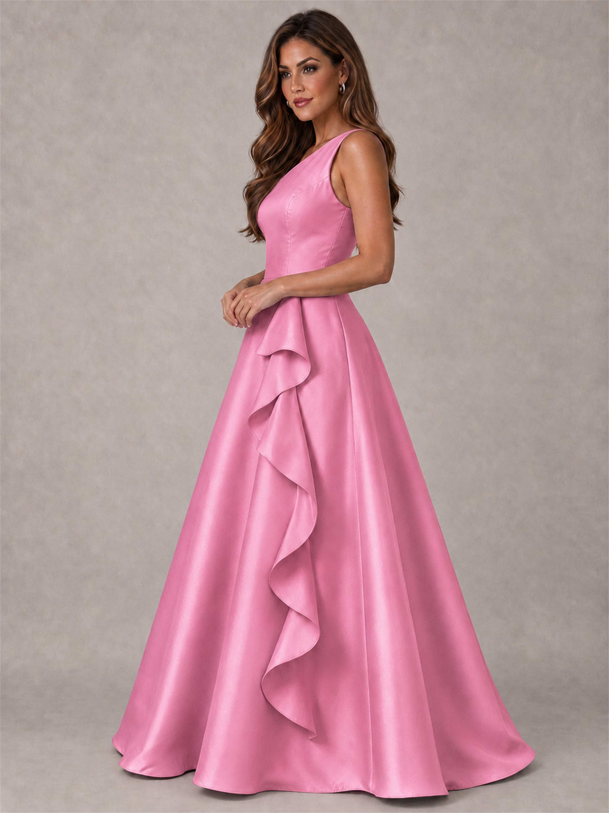 One Shoulder Satin Formal Dress A-Line Prom Gown with Ruffle and Pockets