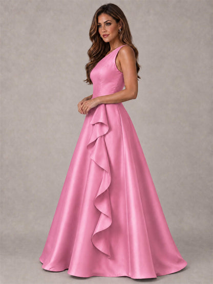 One Shoulder Satin Formal Dress A-Line Prom Gown with Ruffle and Pockets