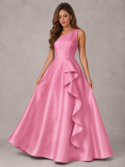 One Shoulder Satin Formal Dress A-Line Prom Gown with Ruffle and Pockets