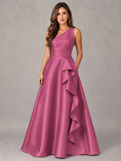 One Shoulder Satin Formal Dress A-Line Prom Gown with Ruffle and Pockets