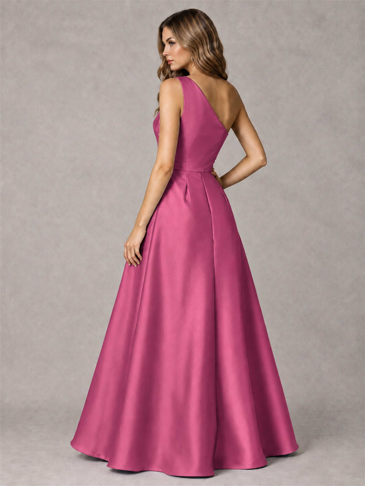 One Shoulder Satin Formal Dress A-Line Prom Gown with Ruffle and Pockets