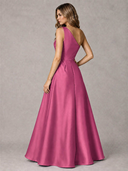 One Shoulder Satin Formal Dress A-Line Prom Gown with Ruffle and Pockets