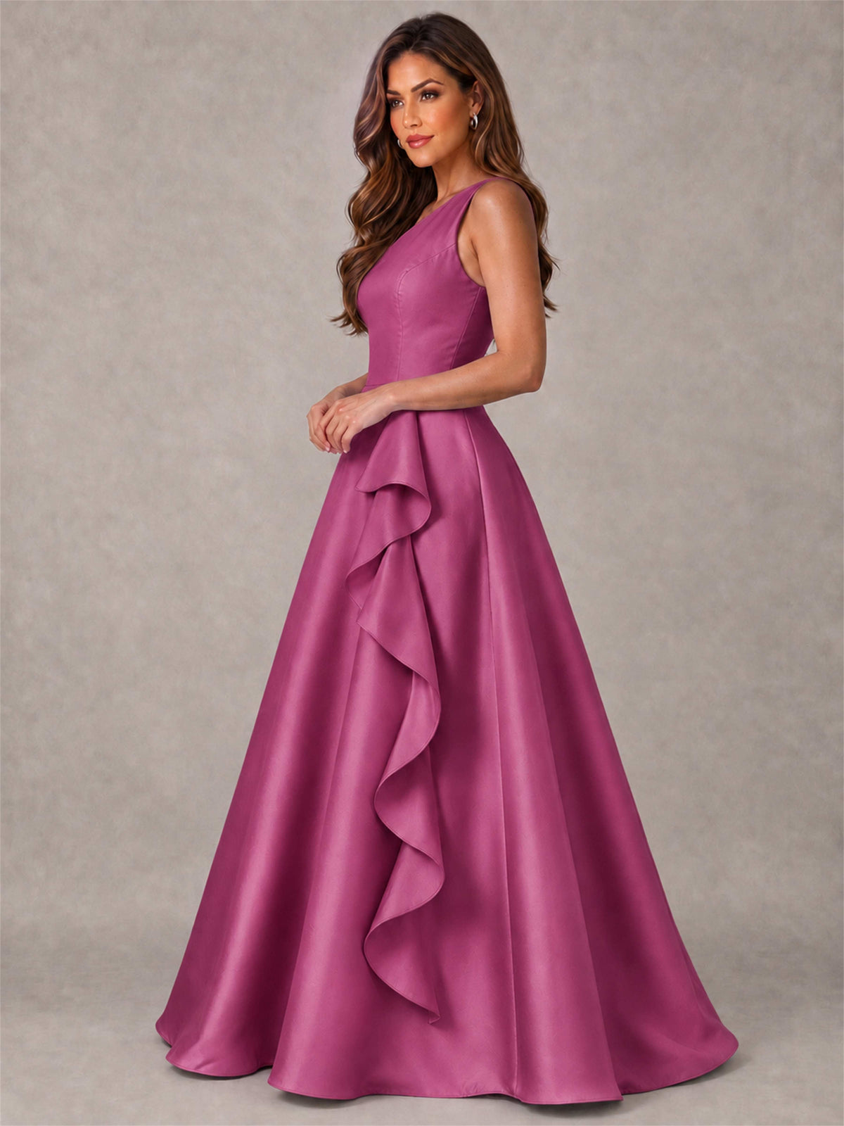 One Shoulder Satin Formal Dress A-Line Prom Gown with Ruffle and Pockets