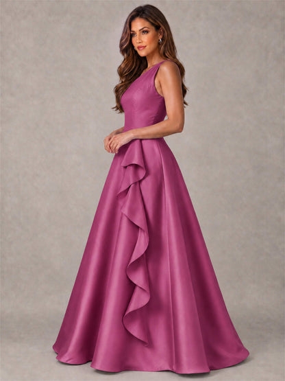 One Shoulder Satin Formal Dress A-Line Prom Gown with Ruffle and Pockets
