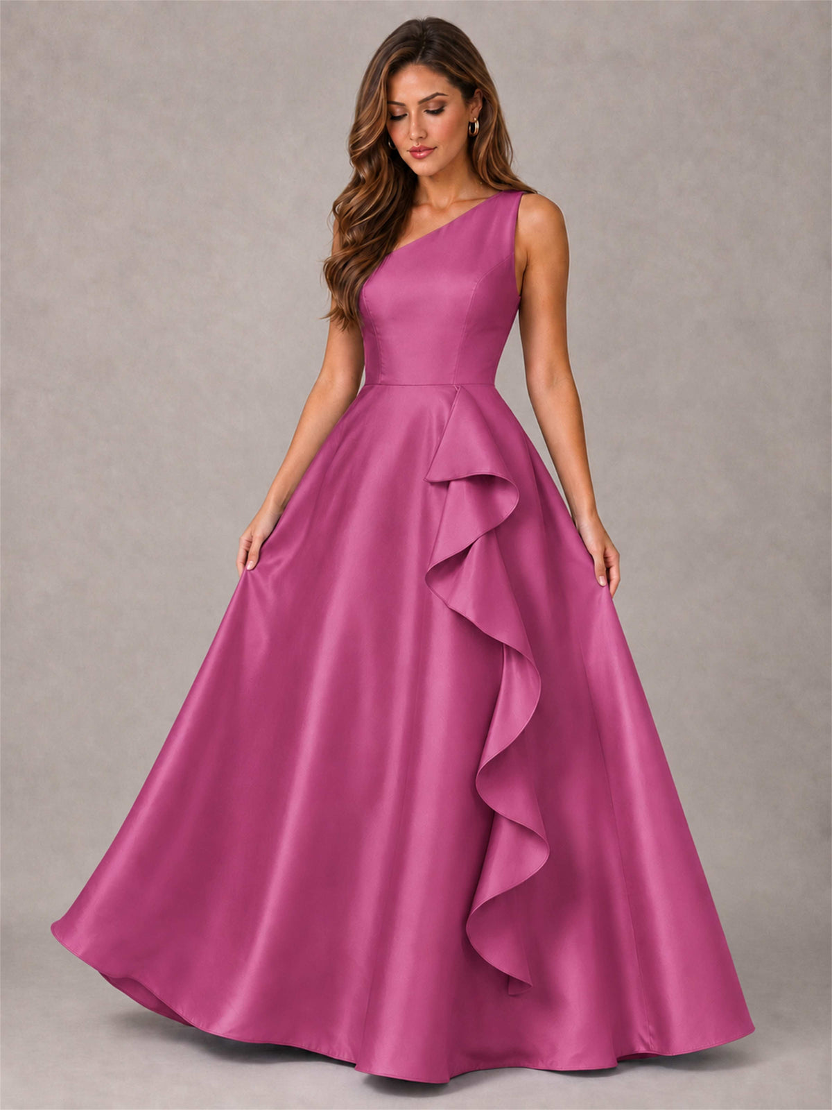 One Shoulder Satin Formal Dress A-Line Prom Gown with Ruffle and Pockets
