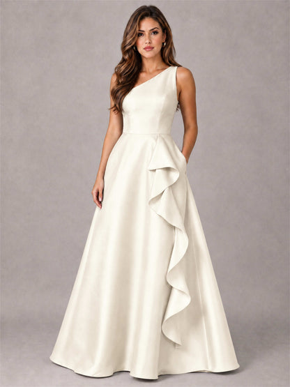 One Shoulder Satin Formal Dress A-Line Prom Gown with Ruffle and Pockets