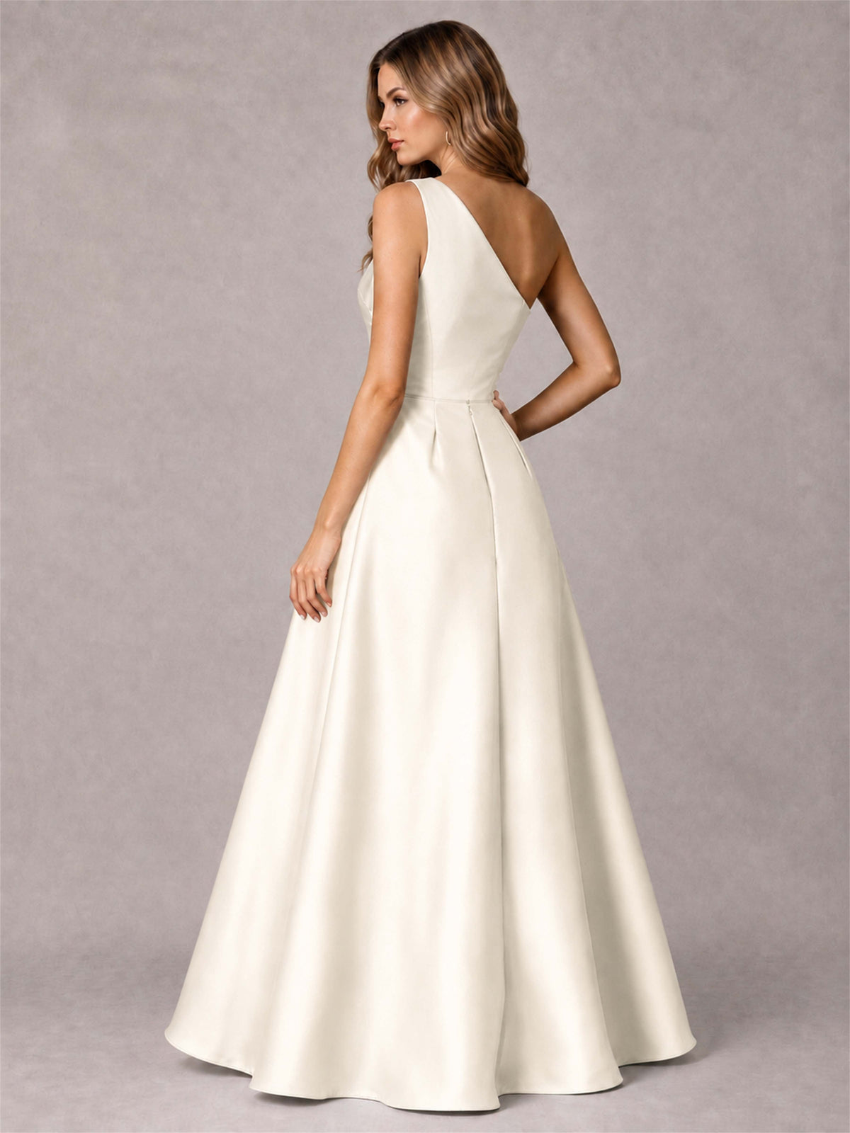 One Shoulder Satin Formal Dress A-Line Prom Gown with Ruffle and Pockets