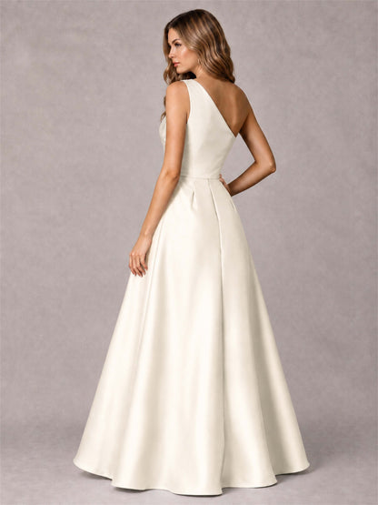 One Shoulder Satin Formal Dress A-Line Prom Gown with Ruffle and Pockets