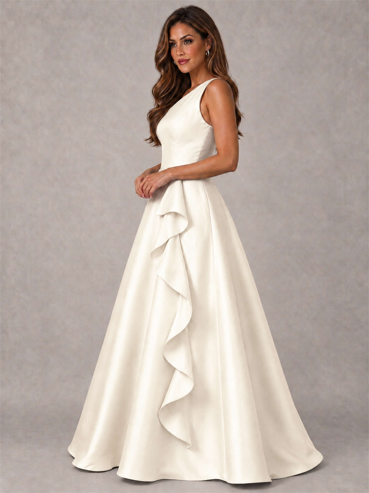 One Shoulder Satin Formal Dress A-Line Prom Gown with Ruffle and Pockets