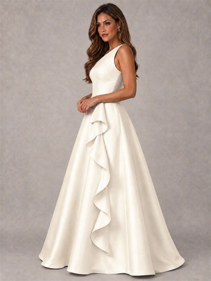 One Shoulder Satin Formal Dress A-Line Prom Gown with Ruffle and Pockets
