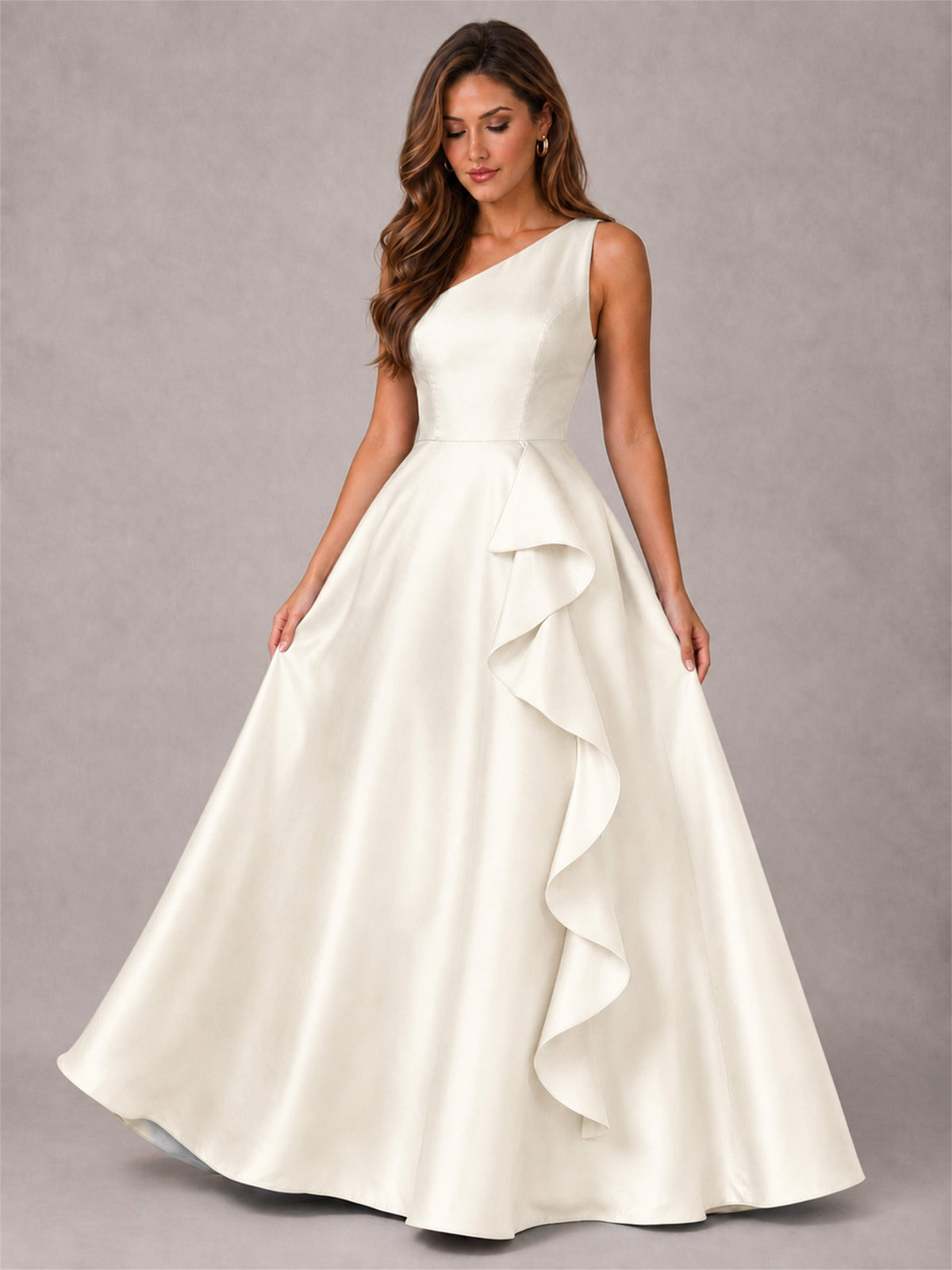 One Shoulder Satin Formal Dress A-Line Prom Gown with Ruffle and Pockets