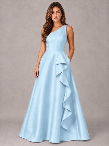 One Shoulder Satin Formal Dress A-Line Prom Gown with Ruffle and Pockets