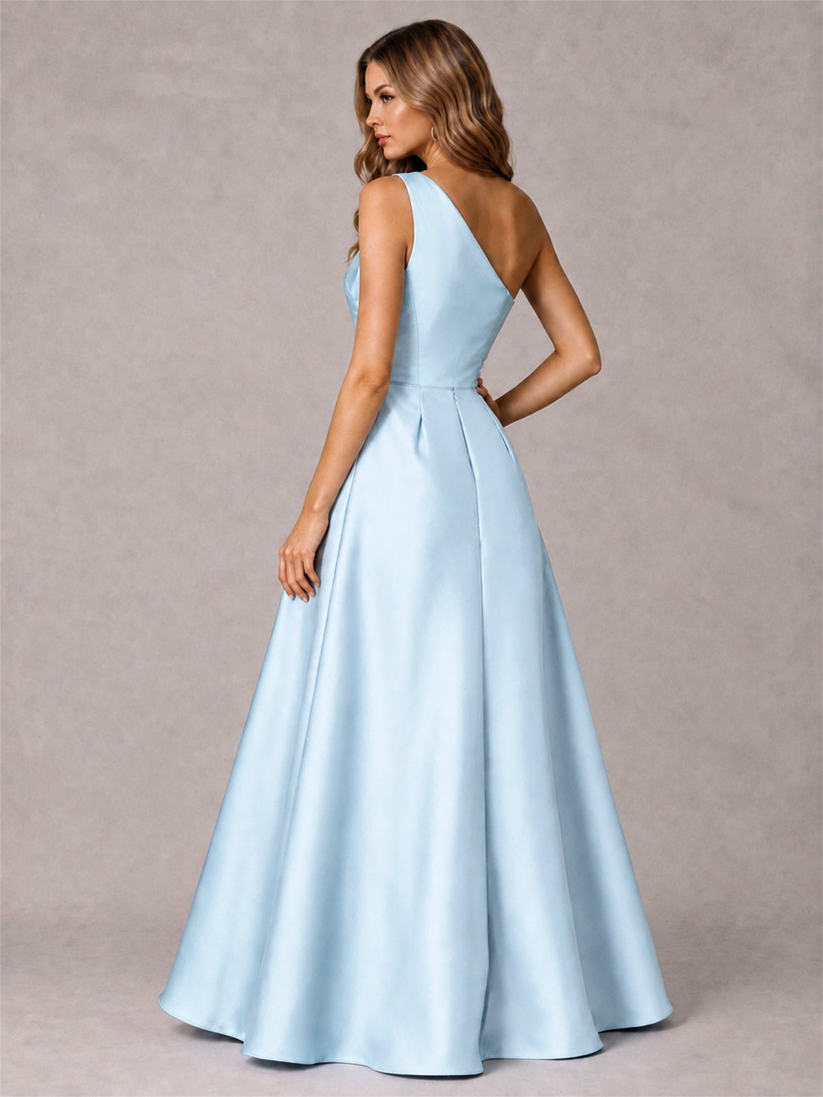 One Shoulder Satin Formal Dress A-Line Prom Gown with Ruffle and Pockets