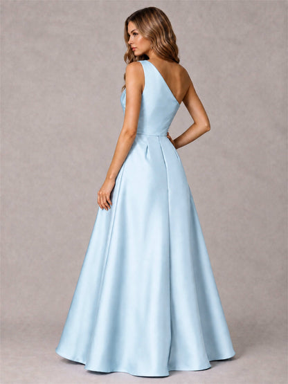 One Shoulder Satin Formal Dress A-Line Prom Gown with Ruffle and Pockets