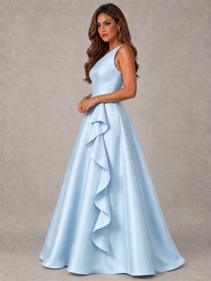 One Shoulder Satin Formal Dress A-Line Prom Gown with Ruffle and Pockets