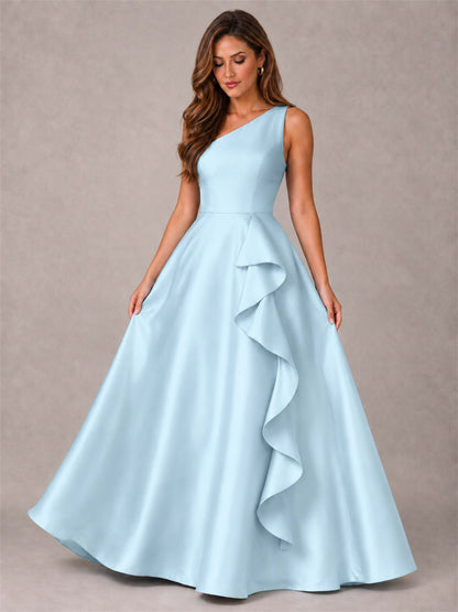 One Shoulder Satin Formal Dress A-Line Prom Gown with Ruffle and Pockets