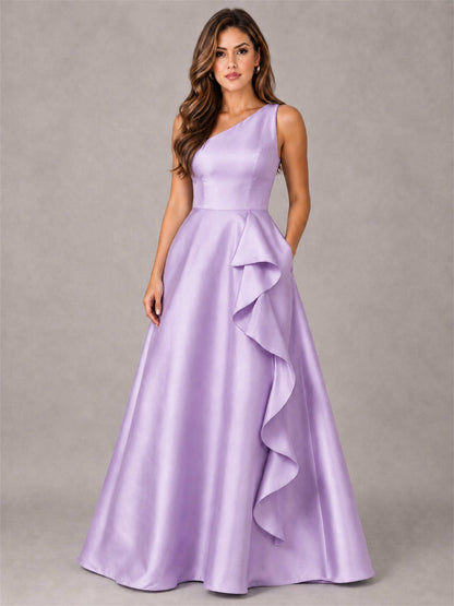 One Shoulder Satin Formal Dress A-Line Prom Gown with Ruffle and Pockets