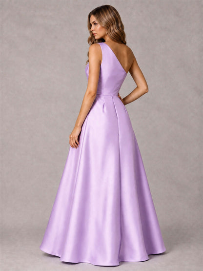 One Shoulder Satin Formal Dress A-Line Prom Gown with Ruffle and Pockets