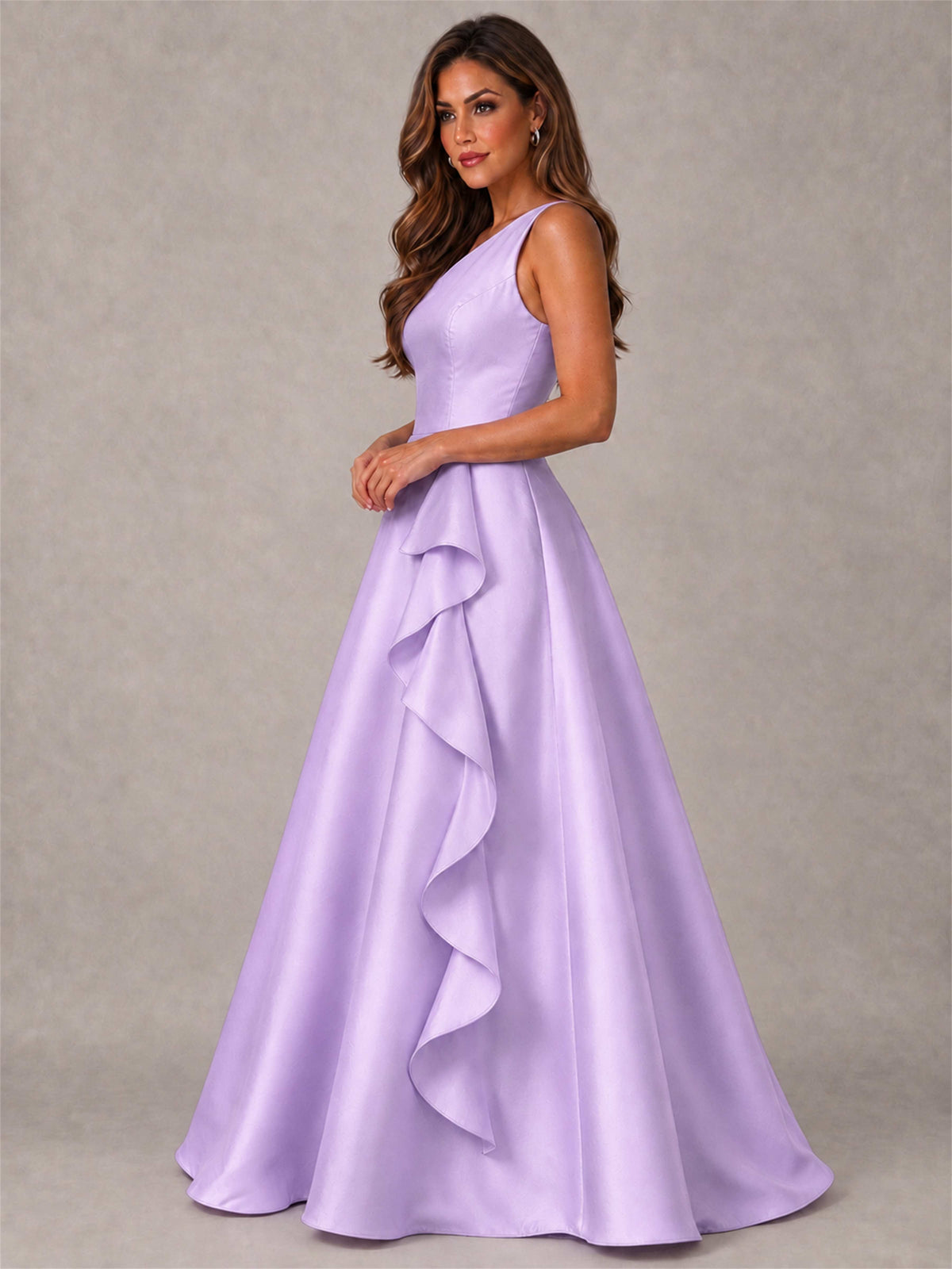 One Shoulder Satin Formal Dress A-Line Prom Gown with Ruffle and Pockets